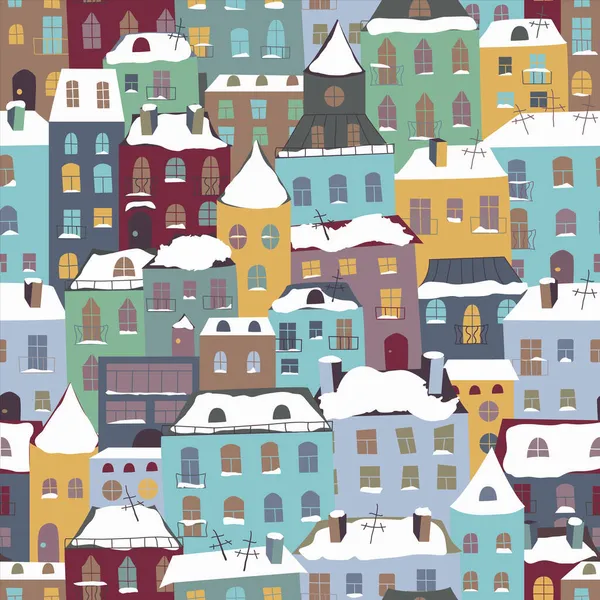 Seamless pattern with snow houses. Winter town. City houses and streets, roofs of building. Design for textile print or wallpaper. Colorful vector illustration in flat style.