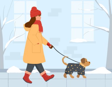 Boynunda kalın bir palto, eldiven, şapka ve eşarp olan bir kız kış caddesinde bir köpekle yürüyor. Gri tulumlu küçük bir köpek. Düz biçimli vektör illüstrasyonu