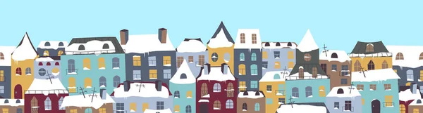 Kar Evlerinde Yatay Pürüzsüz Desen Kış Kasabası Renkli Pencereler Çatılar — Stok Vektör
