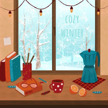 İçinde kahve makinesi, kitap, portakal, şeker ve kahve kupası olan pencere ve masa. Yukarıdan bir çelenk sarkıyor. Pencerenin dışında bir kış manzarası var. Sıcak kış. Çizim düz biçimli