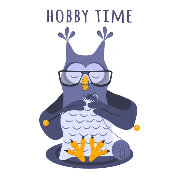 Vážná Sova Brýlemi Plete Šátek Pletacích Jehlicích Čas Hobby Cartoon — Stockový vektor