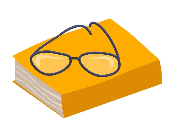閉じた本と眼鏡がその上に横たわっていた 白い背景に隔離された漫画のベクトルイラスト — ストックベクタ