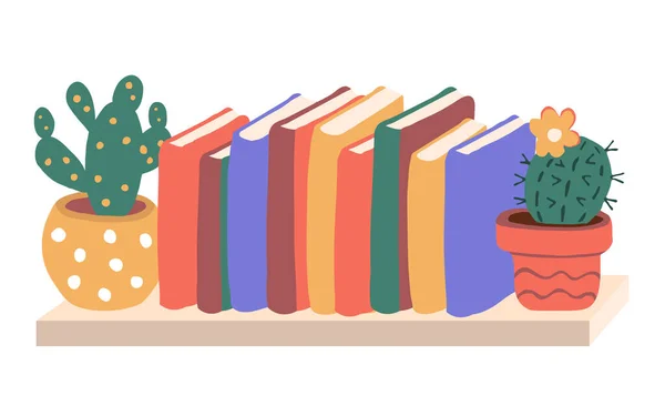 五颜六色的书和仙人掌在书架上 在白色背景下孤立的卡通矢量图解 — 图库矢量图片