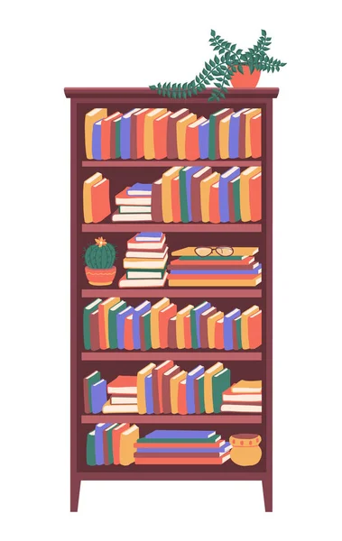 Bookcase Books Stand Lie Shelves Indoor Flowers Rack Vector Illustration — Stock Vector