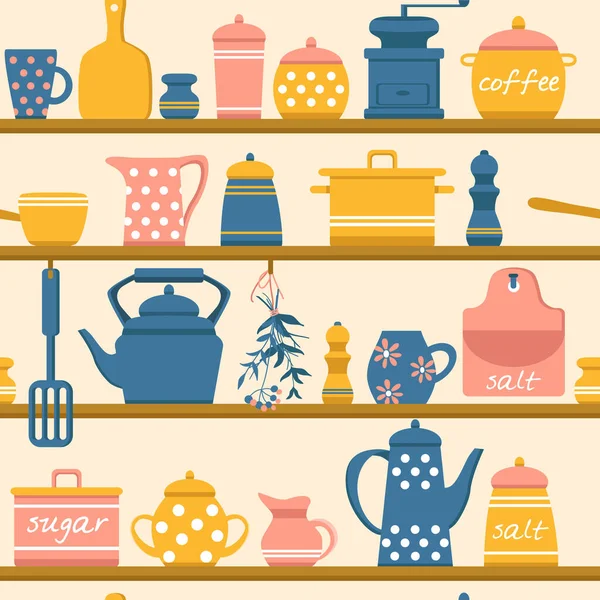 Бесшовный Узор Кухонными Полками Кухонной Утварью Чайники Травы Кувшины Банки — стоковый вектор