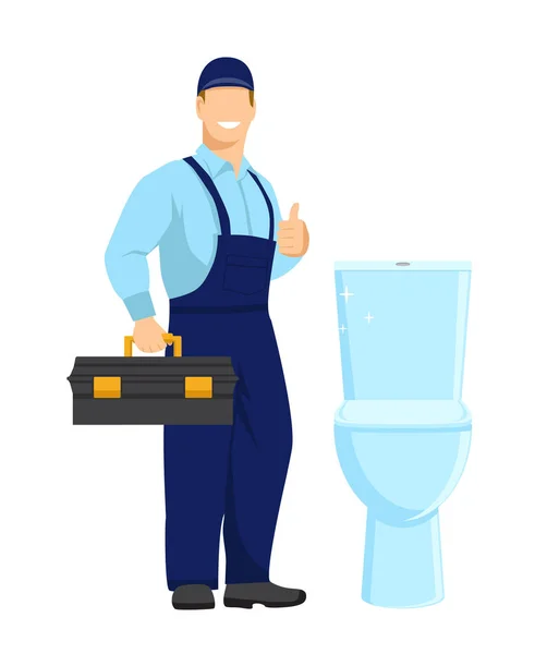 制服を着た笑みを浮かべて配管工がトイレの横に立っており 彼の手に道具箱を持っています 修理工が親指を立てている 配管工事だ 白を基調とした平型ベクトルイラスト — ストックベクタ