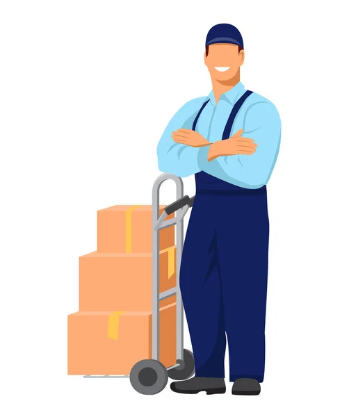 Smiling Worker Uniform Stands Next Trolley Holds His Hands His — Stock Vector