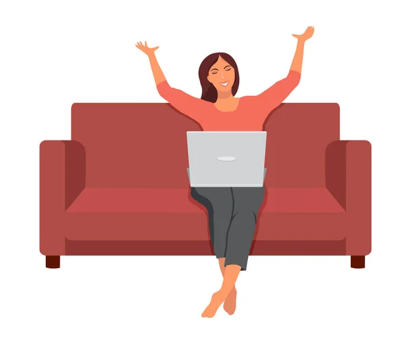 Jovem Feliz Está Sentada Sofá Com Laptop Acenando Com Mãos — Fotografia de Stock