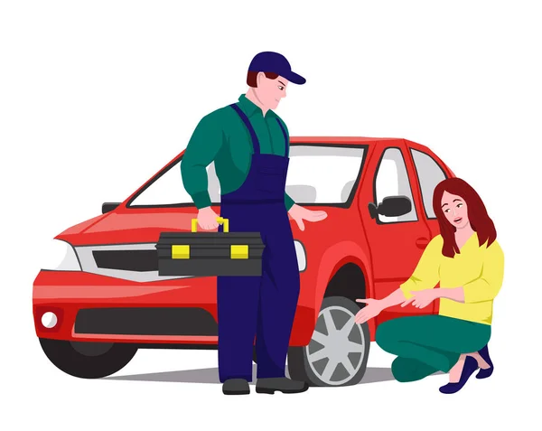 Upset Girl Shows Car Mechanic Flat Tire Car Service Vector — 图库矢量图片