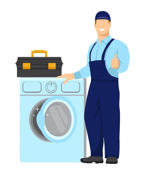 Üniformalı gülümseyen tamirci çamaşır makinesinin yanında duruyor ve baş parmak işareti gösteriyor. Yakınlarda bir alet çantası var. Ev aletlerinin tamiri. Düz biçimli Vektör İllüstrasyonu.