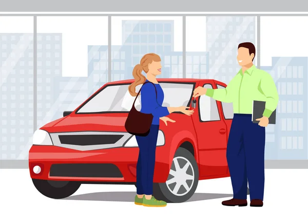 車のショールーム 売り手の男は女の子に新しい車の鍵を与えます 背景に赤い車と街の風景です 車の購入 またはレンタル 平型ベクトルイラスト — ストックベクタ