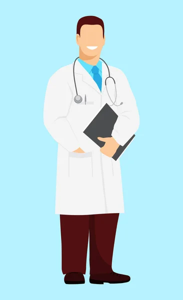 Smiling Male Doctor White Coat Stands Holds Folder His Hands — Stock Vector