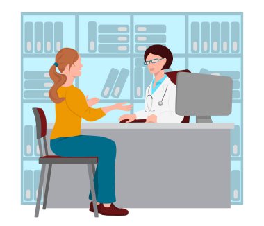 Kadın bir doktor bir masada oturuyor. Kadın sandalyede oturuyor. Doktor randevusundaki kız. Doktor hastayla konuşuyor. Arkaplanda belgeler olan klasörler. Düz vektör karikatür çizimi