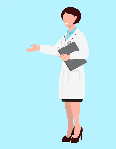 Leende Kvinnlig Läkare Vit Rock Står Och Håller Mapp Handen — Stock vektor