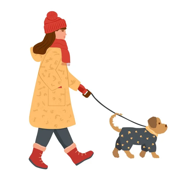 Girl Warm Coat Gloves Hat Scarf Her Neck Walking Dog — стоковое фото