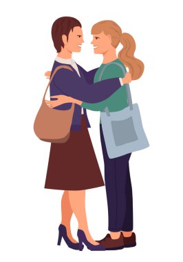 İki kadın tanıştı ve birbirlerine sarıldılar. Arkadaşlarla buluşacağız. Düz biçimli vektör çizimi, beyaz arkaplanda izole edilmiş.