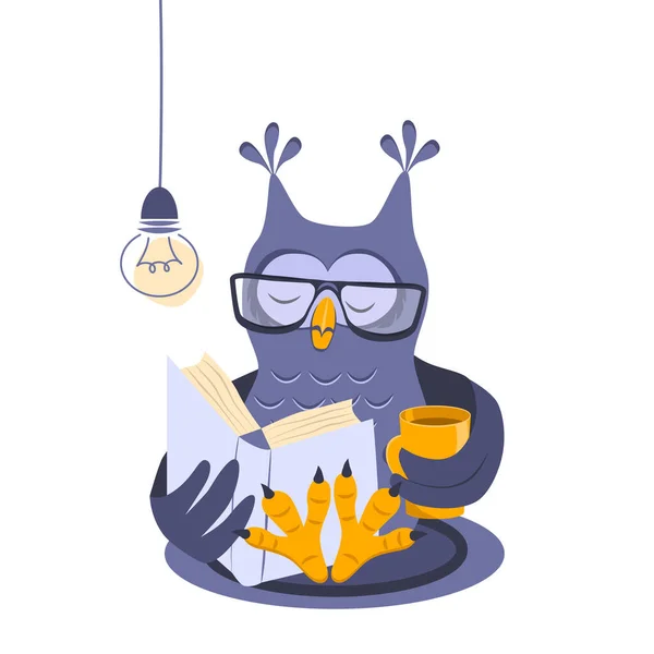 Serious Owl Glasses Reads Book Drinks Tea Light Bulb Hanging — Fotografie, imagine de stoc