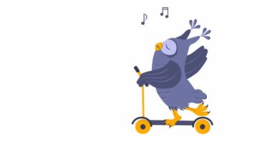 Owl rides a scooter, songs and waves its wing. Cartoon character on white background