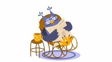 Serious owl with glasses is swinging in a rocking chair  and reading a newspaper. There is a mug of coffee on a stool nearby. Cartoon character on white background