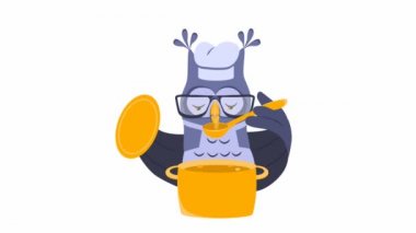 Owl cooks food in a saucepan. Serious owl with glasses and apron tastes food with a spoon. Owl chef. Cartoon character on white background