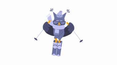 Owl with glasses in a hat and scarf rides on skis. Cartoon character on white background