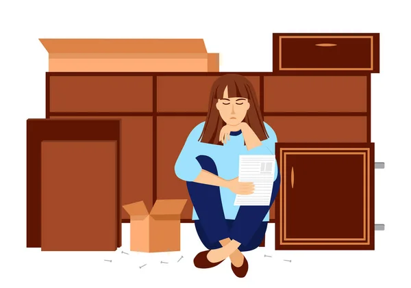 Sad Girl Sitting Next Disassembled Cabinet Reading Instructions Assembling Furniture — Stock Vector