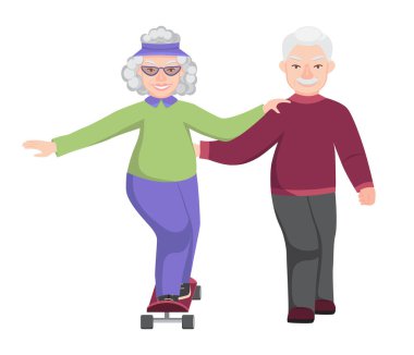 Grandma rides a skateboard, grandpa walks next to her and supports her. A couple of elderly people on a walk. The concept of longevity and an active lifestyle. Vector isolated flat illustration