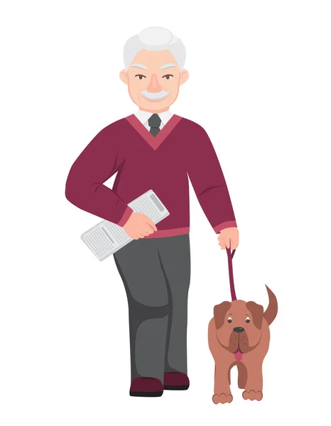 Grandpa Walking His Dog Elderly Man Walks Pet Holds Newspaper — Vector de stock
