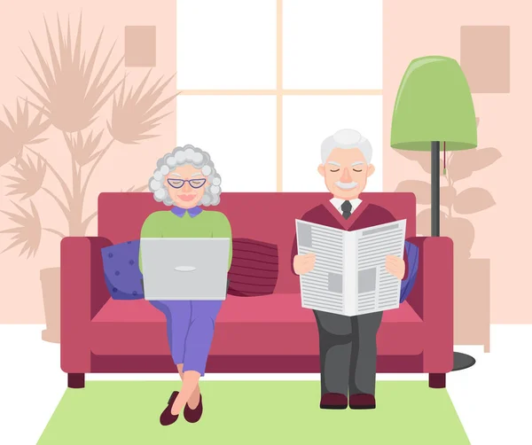 Couple Elderly People Sitting Couch Grandma Has Laptop Her Lap — Stock Vector