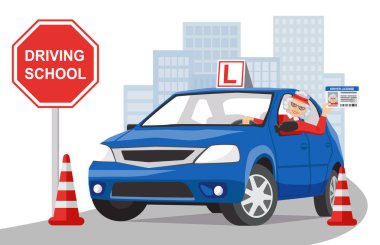 Smiling elderly woman sits in a blue training car and shows her driver license. The concept of longevity and an active lifestyle. Driving school or learning to drive. Vector illustration in flat style