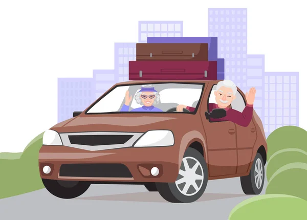 Elderly Couple Goes Trip Car Smiling Grandfather Waves His Hand — Vetor de Stock