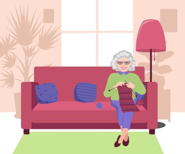 Smiling grandma knits. An elderly woman is sitting on the sofa and holding knitting needles in her hands. Handmade concept. Vector isolated flat illustration