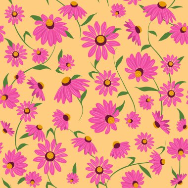 Sarı arka planda ekinezya çiçekleri olan kusursuz bir desen. Düz bir şekilde vektör illüstrasyonu. Ambalaj kağıdı veya tekstil için doğal çiçek arkaplanı.