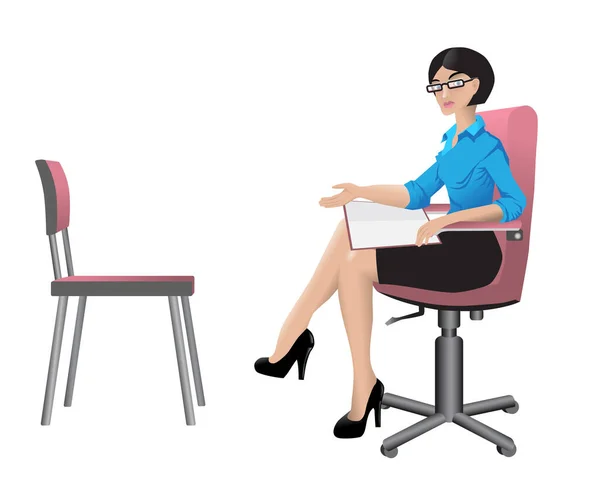 Woman Sitting Chair Documents Lying Her Lap Girl Points Empty — Stock Photo, Image