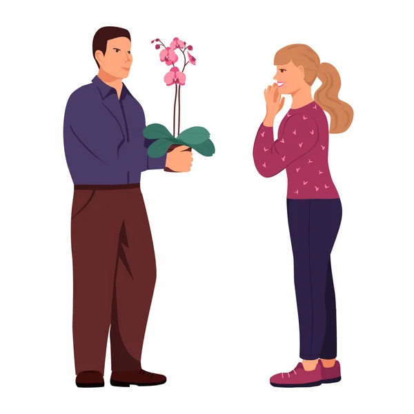 Muž Dává Ženě Květinovou Orchidej Květináči Dívka Raduje Toho Daru — Stockový vektor
