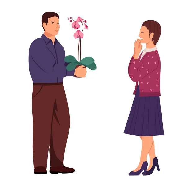 Muž Dává Ženě Květinovou Orchidej Květináči Dívka Sukni Vysoké Podpatky — Stockový vektor