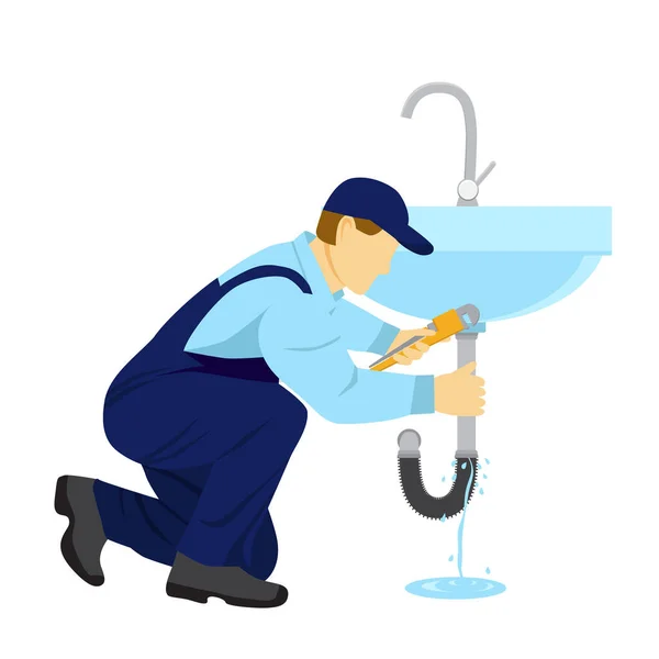 Plumber Repairs Pipe Repairman Tightens Nut Wrench Sink Plumbing Works — Stock Photo, Image