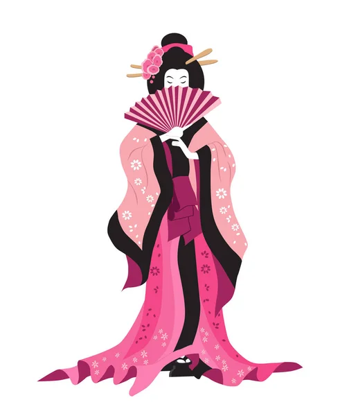 Japanese Woman National Costume Fan Her Hands Geisha Vector Illustration — Stock Vector