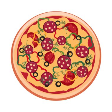 Domatesli pizza, sosis, zeytin ve biber. Beyaz zemin üzerinde düz bir şekilde vektör illüstrasyonu. Üst görünüm.