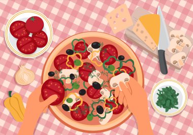 Eller pizza pişiriyor. Masanın üzerinde domates, soğan, biber, peynir, şifalı otlar ve mantarlar var. Üst Manzara. Evde yemek pişirme kavramı. Vektör İllüstrasyonu, düz biçim