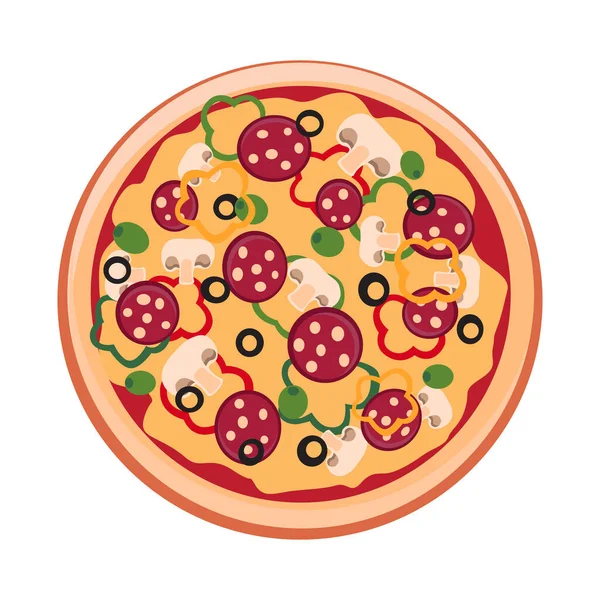 Pizza Met Champignons Worst Olijven Peper Vector Illustratie Een Platte — Stockvector