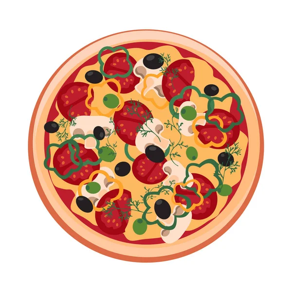 Domatesli pizza, mantar, zeytin ve biber. Beyaz zemin üzerinde düz bir şekilde vektör illüstrasyonu. Üst görünüm.