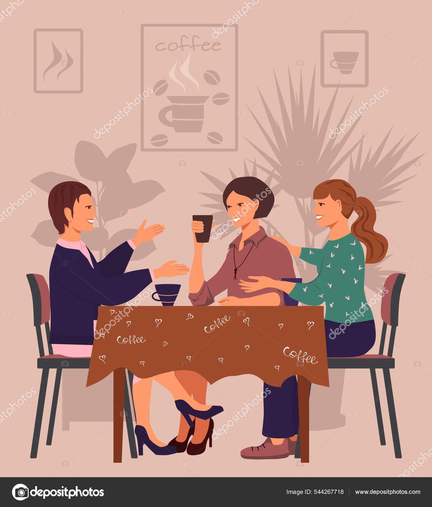 和朋友见面三个笑着的女孩坐在咖啡厅的桌子边聊天女人喝咖啡平面样式的矢量图解图库矢量图©MarusyaArt 544267718