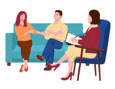Psikoterapist randevusunda evli bir çift. Üzgün kadın konuşur ve adamı işaret eder. Psikolog dinler ve kağıda not alır. Beyaz arkaplanda düz bir resim