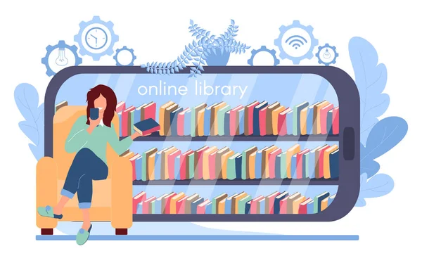Menina Está Sentada Uma Poltrona Escolhendo Livro Uma Biblioteca Online — Vetor de Stock