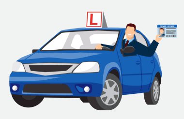 Ceketli ve kravatlı gülümseyen adam mavi bir antrenman arabasında oturur ve ehliyetini gösterir. Tasarım konsepti sürücü kursu ya da araba sürmeyi öğrenmek. Beyaz arkaplanda düz bir resim