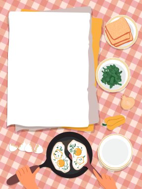 Menü ya da yemek tarifi şablonu. Masanın üzerinde: bir kağıt, biber, otlar, ekmek, soğan ve yumurta kabuğu. Ellerin çırpılmış yumurtayı kızartma tavasında pişiriyor. Vektör illüstrasyonu, düz biçim