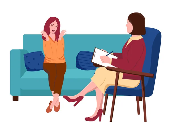 Woman Psychotherapist Appointment Girl Sits Couch Talks Her Problems Psychologist — Stock Photo, Image