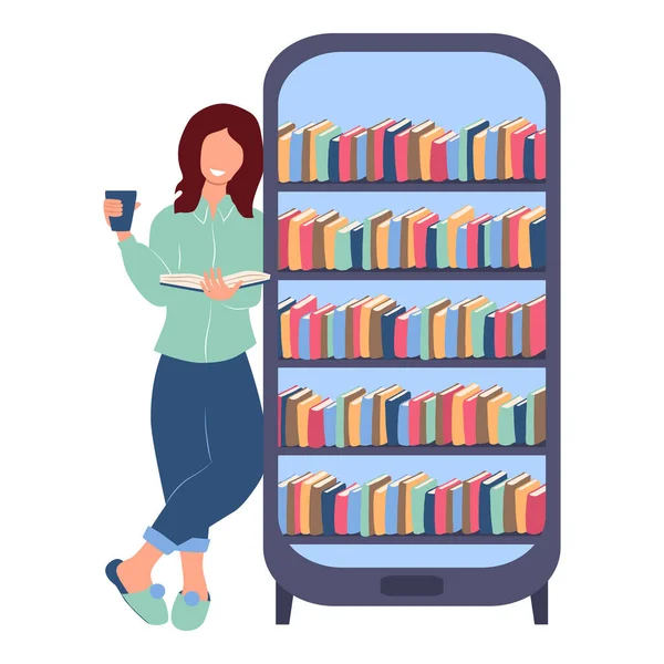 Girl Stands Book Her Hands Large Smartphone Form Bookcase Woman — Stock Photo, Image