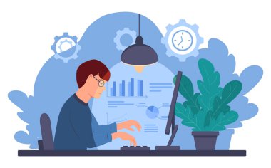 Adam masada oturuyor ve bilgisayar klavyesine yazı yazıyor. Genç adam lamba ışığında çalışır. Öğrenci sınav için hazırlanıyor. Arkaplanda grafikler ve çizelgeler var. Vektör illüstrasyonu